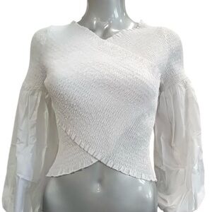 Elegant White Wrap Smocked Women's Top